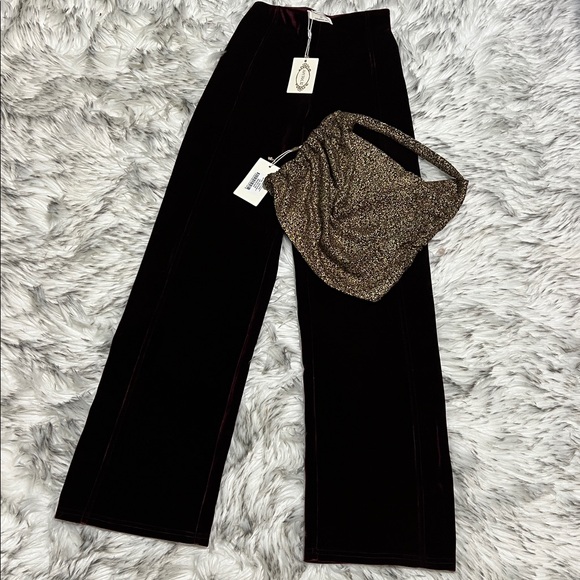 Joyfollie Wine Red Velvet High Rise Pants + Crackled Gold Halter Top Set XS NWT - Picture 15 of 17
